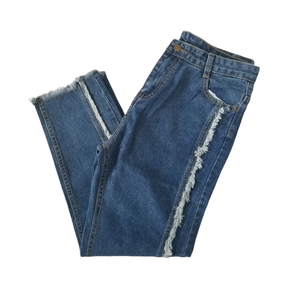 Shein High Waist Mom Jeans Size Large Medium Blue Fringe Raw Hem.